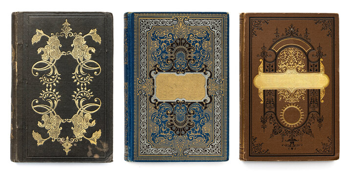 Old skin book covers isolate on white background. Set collection old book covers. Abstract vintage decorations 19th century.