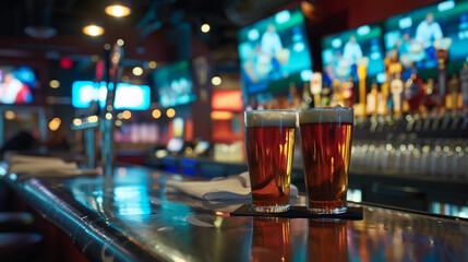 Two beers on table at a sports bar