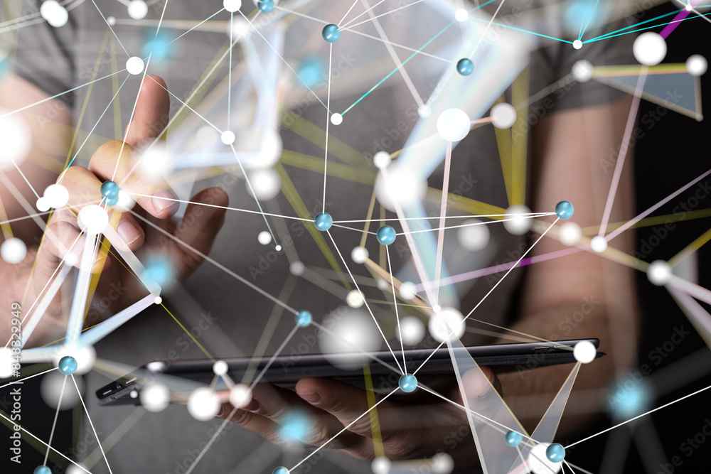 Poster network holding in hand 3d connection data