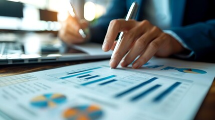 Business professional analyzing financial report with charts and graphs, holding pen in hand, at office desk during meeting.