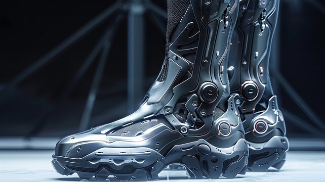 High-tech robotic boots with advanced features and sleek design