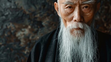 Close-up portrait of a senior kung fu master with a long white beard