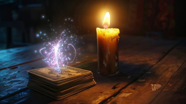 Candlelit Tarot Reading Setup with Deck of Cards on Wooden Table, quantum energy
