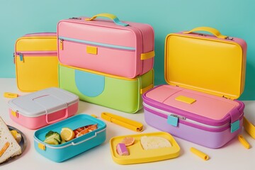 A colorful lunchbox with a pastel yellow background and space for text