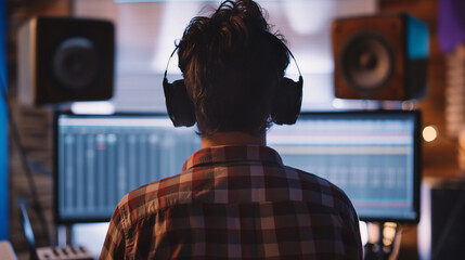 Narrator recording a documentary script, studio environment with scripts and monitors, top third copy space