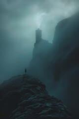 A person stands on a rocky cliff overlooking a foggy landscape