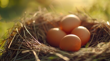 Close-up of a nest with four eggs in soft sunlight, set against a natural green background,...