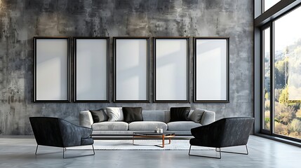 A contemporary living room with a steel grey wall, featuring five empty black frames in a cascading...