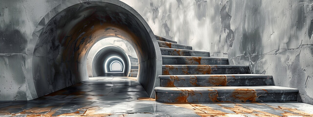 Within the twisting, metal embrace of an ancient, abstract impossible tunnel, a staircase defies gravity, inviting exploration into a realm of industrial wonder. © Pink Badger