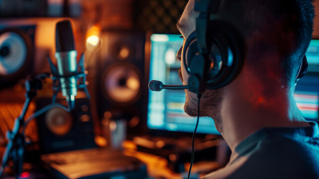 Voice actor recording lines for a video game, character concept art visible, left third copy space