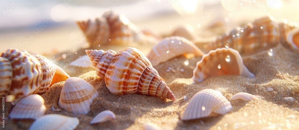 Poster Sea shells with a sandy backdrop: A summery beach scene