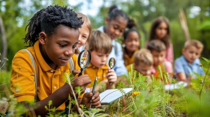Fototapeta premium A group of school children and their teacher are taking a field trip to explore nature using magnifying glasses to learn science.