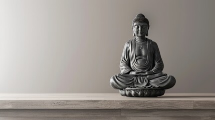 A gray Buddha figurine in a meditative pose on a wooden shelf