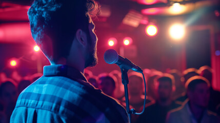 Narrator performing at a poetry slam, intense expression and audience reactions, right third copy space