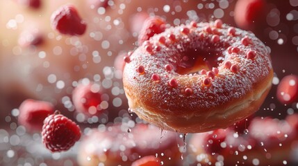 The image captures a suspended raspberry frosted donut with droplets and fruits mid-air