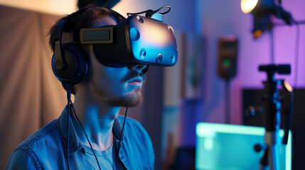 Voice actor recording for a VR experience, immersive tech setup, bottom third copy space