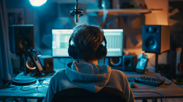 Voice actor recording for a VR experience, immersive tech setup, bottom third copy space