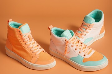 A bright pair of sneakers on a pastel orange backdrop with room for writing