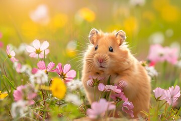 Cute hamster surrounded by colorful wildflowers in a sunny field, showcasing natural beauty and adorable animal in nature.
