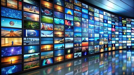 Wall with multiple TV screens displaying various TV channels and digital media content, television, screens, monitors