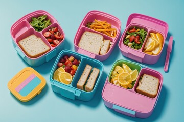 A colorful lunchbox on a pastel blue background