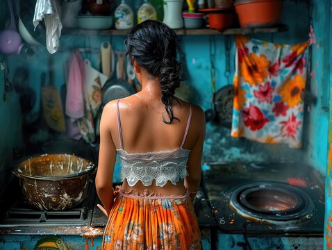 View from back black woman wearing an orange skirt with a floral pattern and a white top with lace detailing standing in a kitchen with various utensils and containers ,