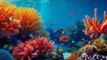 Dive into the depths of beauty with this vibrant underwater seascape. Ideal as a backdrop, background, or wallpaper, it features colorful coral and lively fish, capturing the essence of marine life.