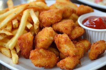 Chicken nuggets and french fries on white plate with ketchup