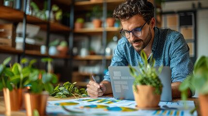 A young entrepreneur working on a startup project, laptop and business plans on the desk