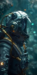 Fototapeta premium Futuristic Deep-Sea Explorer Observing Bioluminescent Wonders in Advanced Submarine Diving Suit