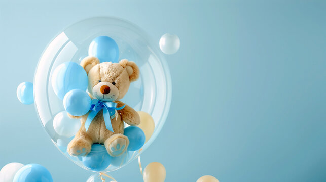 A teddy bear with a bow tie inside a clear balloon surrounded by blue balloons on light blue background, perfect for a surprise gift