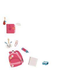 Back to school, kindergarten banner or frame. Children school elements, pencils background with copy space. Children supplies, cute design. Can used for poster, sale banner.