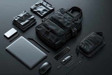 Black Leather Backpack With Accessories On Dark Grey Background