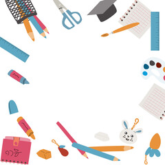 Back to school, kindergarten banner or frame. Children school elements, pencils background with copy space. Children supplies, cute design. Can used for poster, sale banner.