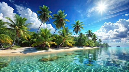 Virtual reality image of a tropical paradise with palm-fringed beaches and crystal-clear waters