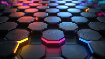 Fototapeta premium Reflective black hexagonal background with colored lights