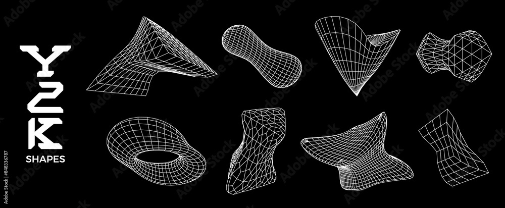 Fototapete set of 3d wireframe shapes in brutalism style. fluid geometric grid objects, and design elements