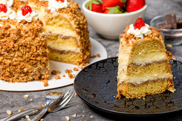 Royal cake. Crown. Garnished with candied cherry.