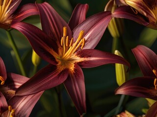 Burgundy lily in the sunset light
