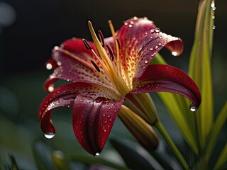 Burgundy lily with waterdrops in the sunset light