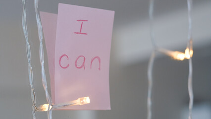 motivational quote on pink sticker inscription I can