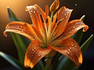 Orange lily with waterdrops in the sunset light