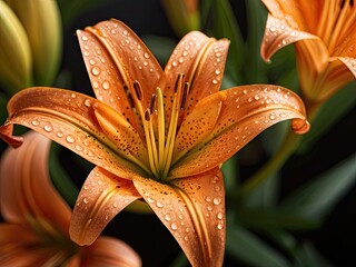 Orange lily with waterdrops in the sunset light