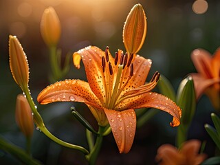 Orange lily with waterdrops in the sunset light
