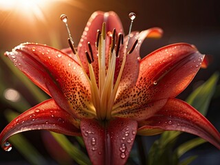 Red lily with waterdrops in sunset light