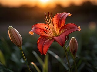 Red lily in sunset light