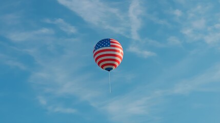 A red, white, and blue American flag is floating in the sky
