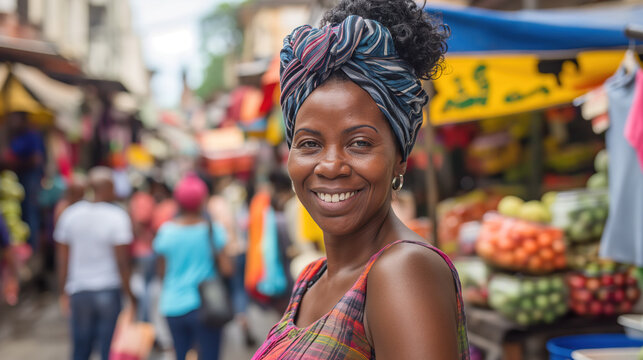 smiling beautiful black woman in colorful headscarf walking through vibrant market street, Brazil