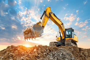Yellow excavator at construction site during sunset, performing digging work with scenic sky background, symbolizing heavy machinery and industry.