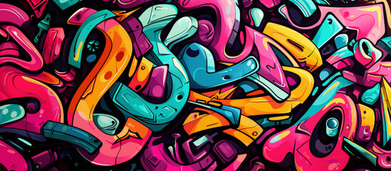 Colorful urban wall graffiti banner background. Creative city street art background on brick wall. Abstract geometric graffiti composition in bold solid colors